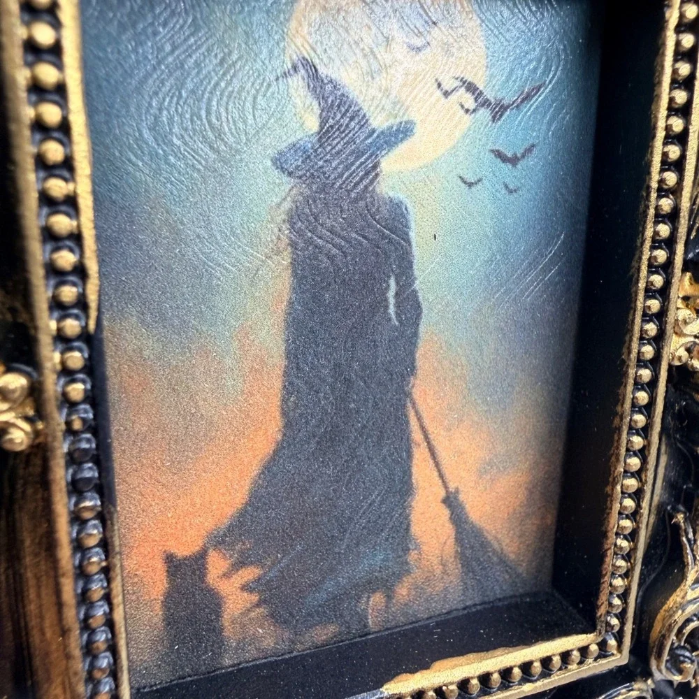 Miniature Gothic Witch Art Print Black Gold Ornate Baroque Resin Frame 4x3.25